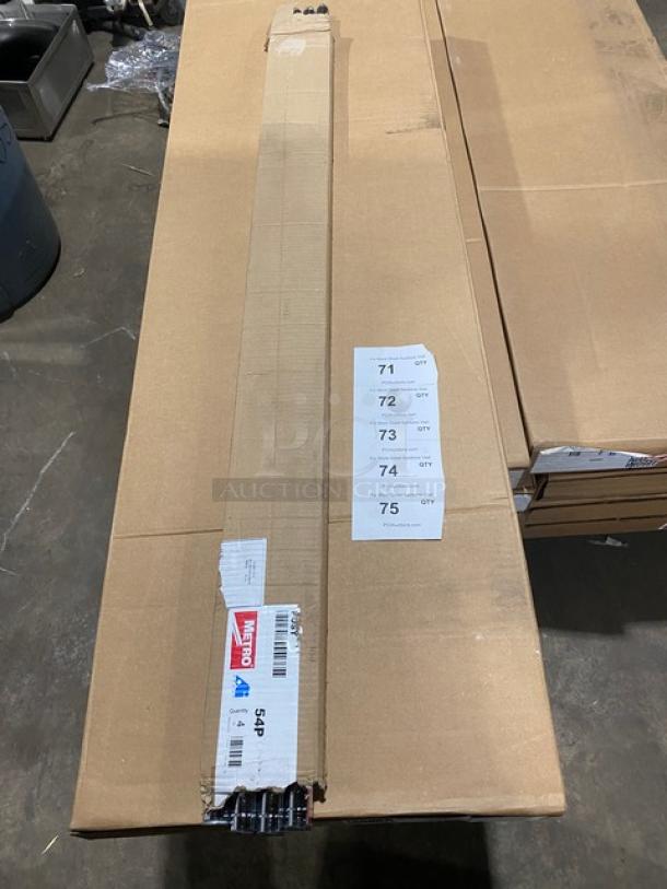 Brand new Metro Super Erecta 4-tier chrome shelving unit, model 1860BR/54P, boxed with labels and markings visible.