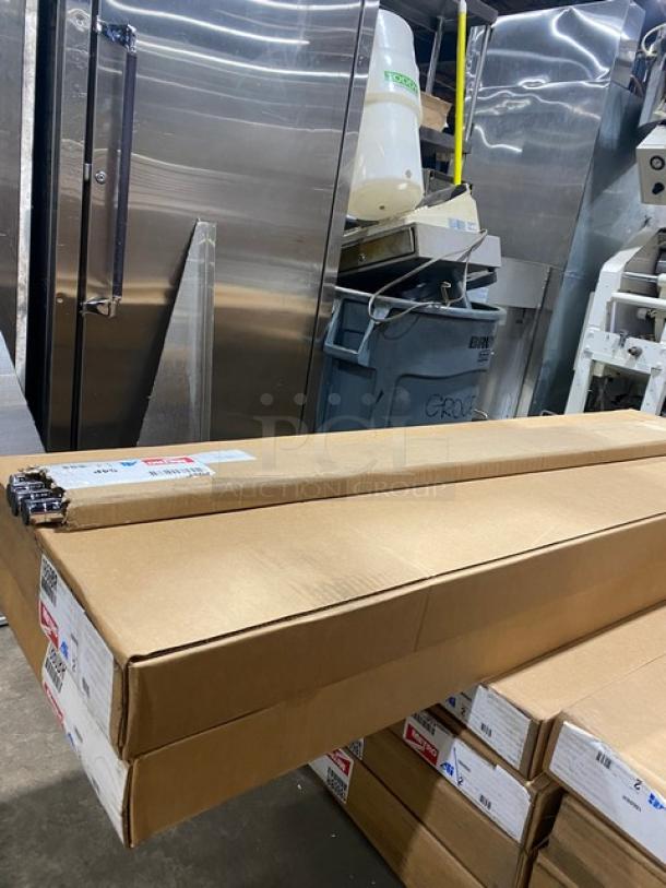 Brand new Metro Super Erecta chrome 4-tier shelving unit, model 1860BR/54P, 60"x18", boxed with visible labels.