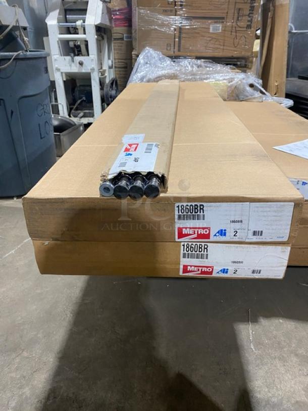 Brand new Metro Super Erecta series chrome 4-tier shelving unit, model 1860BR/54P, in original packaging with 54" post.