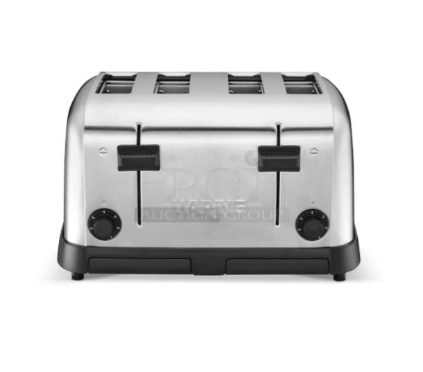 Brand new Waring Commercial 4-slice toaster, model WCT708, in brushed chrome. Features adjustable knobs, 120V.