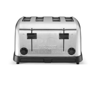 Brand new Waring Commercial 4-slice toaster, model WCT708, in brushed chrome. Features adjustable knobs, 120V.