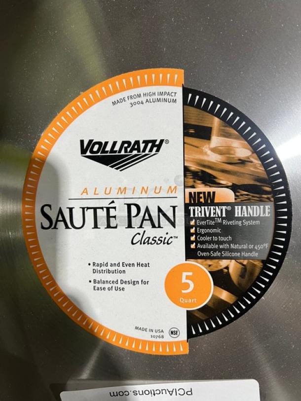 Vollrath 12” aluminum sauté pan, model 67735, with black riveted grip handle, 5 qt capacity, new condition.