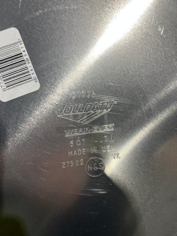 Vollrath Wear-Ever 12" aluminum sauté pan, model 67735, 5 qt capacity, black riveted handle, new, NSF certified.