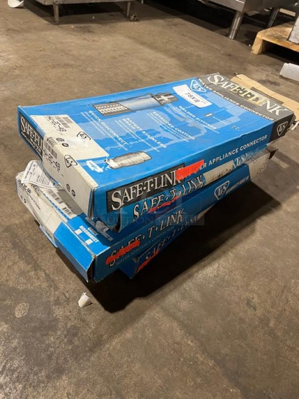 T&S Safe-T-Link Water Appliance Hoses, Models HW-2C-48, HW-2D-60, HW-2C-60, in original packaging, brand new.