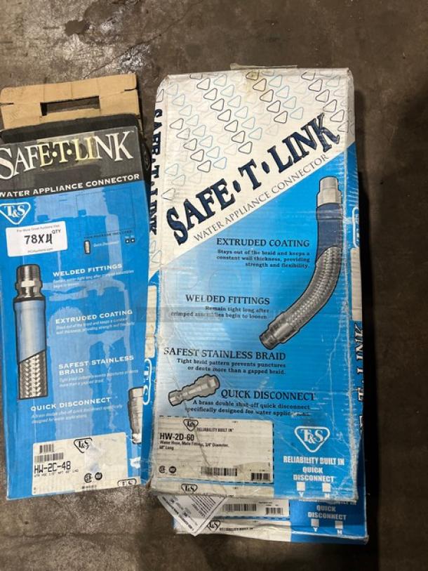 T&S Safe-T-Link hoses, models HW-2C-48, HW-2D-60, HW-2C-60 in original packaging. Features welded fittings, extruded coating.