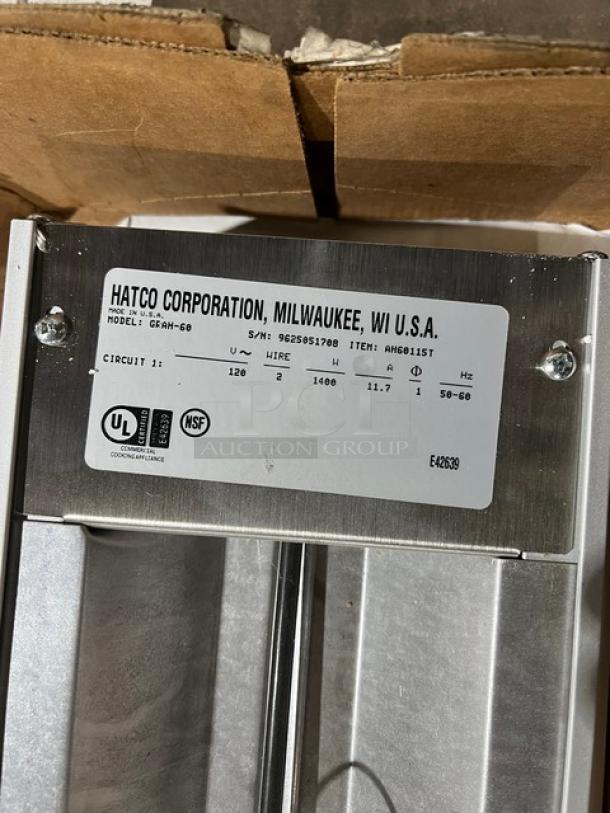 Hatco Glo-Ray GRAH-60 aluminum infrared warmer, brand new, 60" length, high wattage, 120V, 1 phase, SN: 9625051708.
