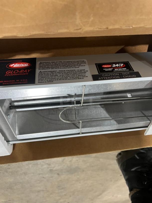 Hatco Glo-Ray Series Infrared Warmer, Model GRAH-60, new condition, aluminum, 60" length, 120V, 1 Phase, labels indicate high wattage.