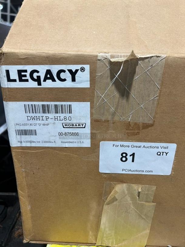 Brand new Hobart Legacy Series 80 Qt. wire whip attachment, model DWHIP-HL80, in original packaging, labeled with assembly info.