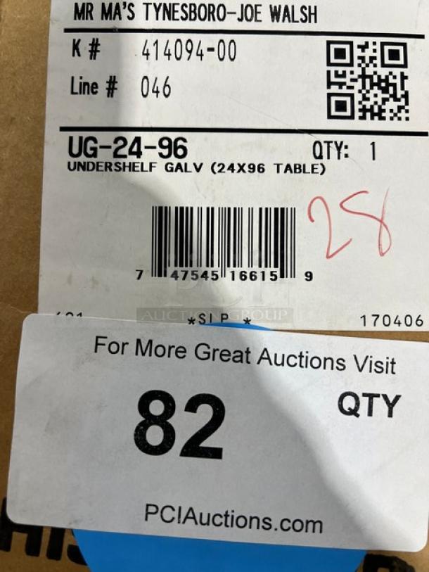 Alt text: "Label for Advance Tabco UG-24-96, 18 gauge galvanized steel worktable undershelf, new condition, 24x96 inches."