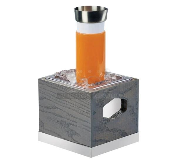 Brand new Cal-Mil Ashwood Gray Oak ice housing, 7.5"x7.5"x7", model 3800683, features a square design for beverage display.