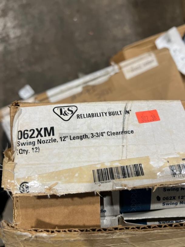 T&S 062XM chrome-plated 12" swing nozzle, brand new in box. Features 3-3/4" clearance. Model details clearly visible.