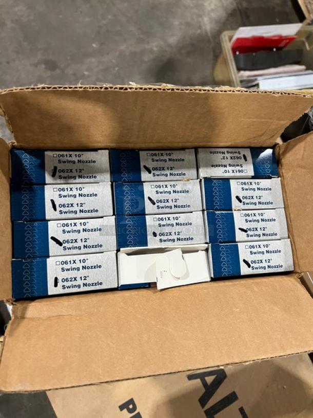 Box of BRAND NEW T&S 062XM Chrome Plated 12" Swing Nozzles, featuring 3-3/4" clearance, unopened packaging.