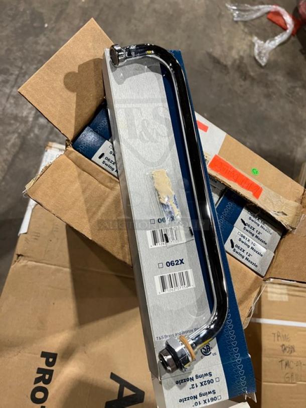 Brand new T&S 062XM chrome 12" swing nozzle, 3-3/4" clearance, packaging visible, commercial use.