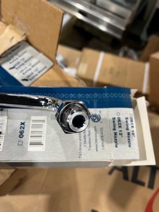 BRAND NEW T&S Model 062XM 12" chrome swing nozzle with 3-3/4" clearance. Visible packaging and model label.
