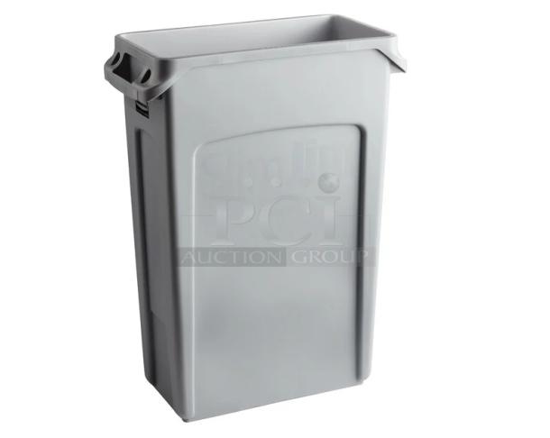 Rubbermaid Slim Jim Series 16 Gal. gray rectangular waste bin, brand new, commercial use, features durable construction.