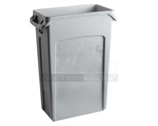 Rubbermaid Slim Jim Series 16 Gal. gray rectangular waste bin, brand new, commercial use, features durable construction.