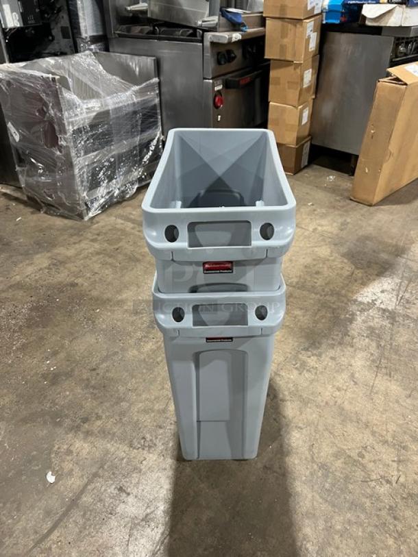 Rubbermaid Slim Jim Commercial Gray 16 Gal. Waste Bin. New condition, rectangular design, visible branding.