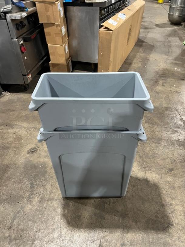 Rubbermaid Slim Jim 16 Gal. gray waste bin, brand new, commercial-grade, rectangular design.