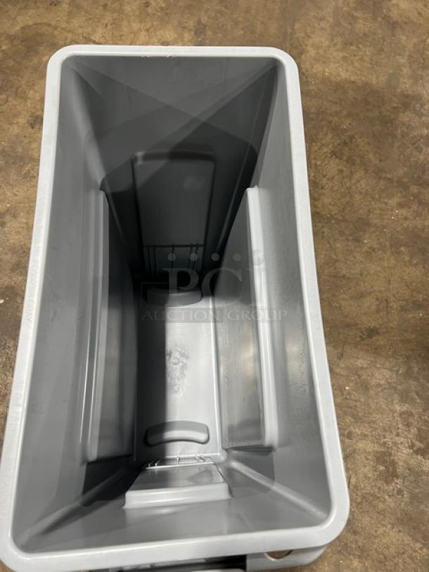 Rubbermaid Slim Jim Series gray 16 gal rectangular waste bin, brand new, commercial grade, durable design.