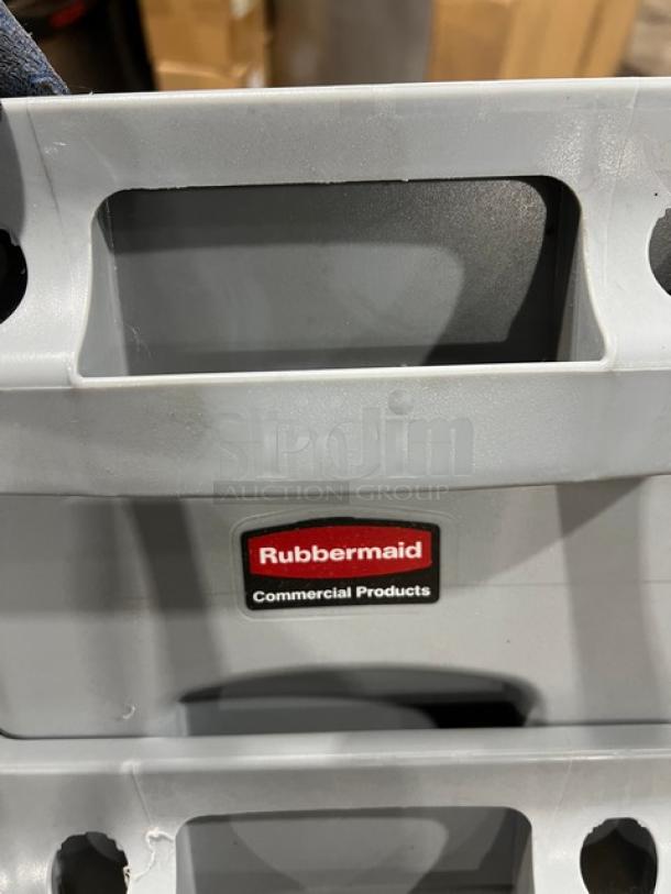 BRAND NEW Rubbermaid Slim Jim Commercial Gray 16 Gal. Rectangular Waste Bin with logo.