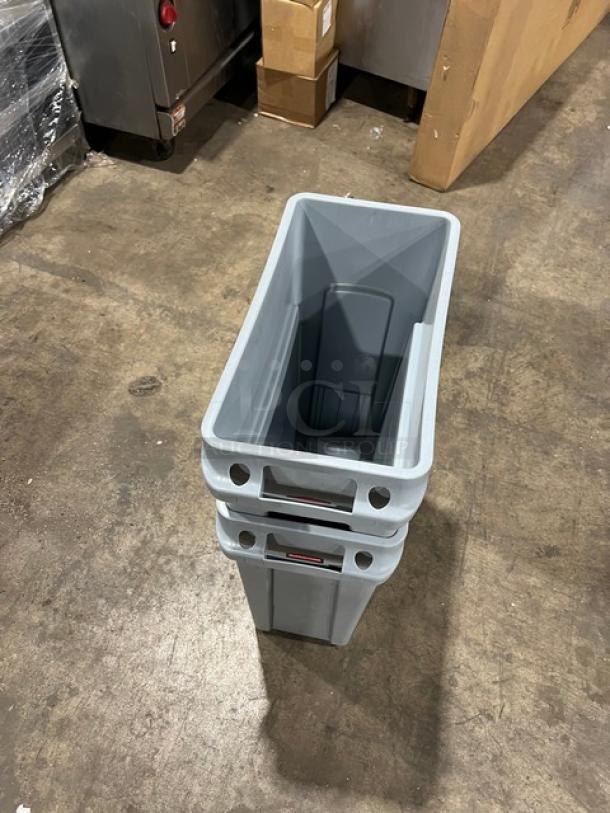 Rubbermaid Slim Jim Series gray 16-gal rectangular waste bin, brand new, commercial use, visible logo.