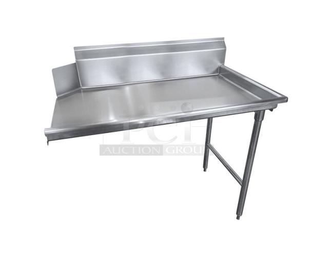 Advance Tabco 5' stainless steel dish table with right-side clean straight design, backsplash, and 8" disposal cone, model DTCS7060R/K460.