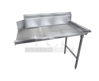 Advance Tabco 5' stainless steel dish table with right-side clean straight design, backsplash, and 8" disposal cone, model DTCS7060R/K460.