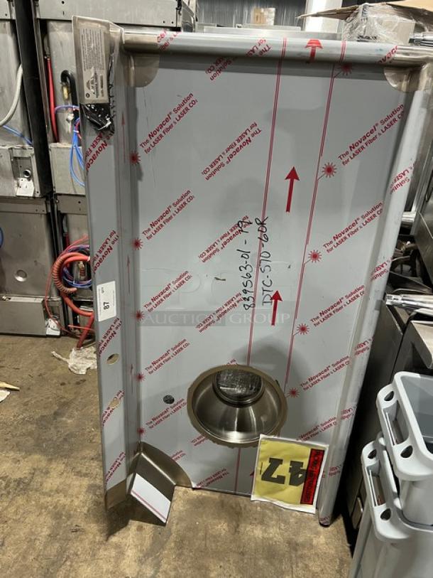 Brand new Advance Tabco 5' stainless steel dish table, model DTC-S70-60R/K-460, with backsplash and disposal cone.