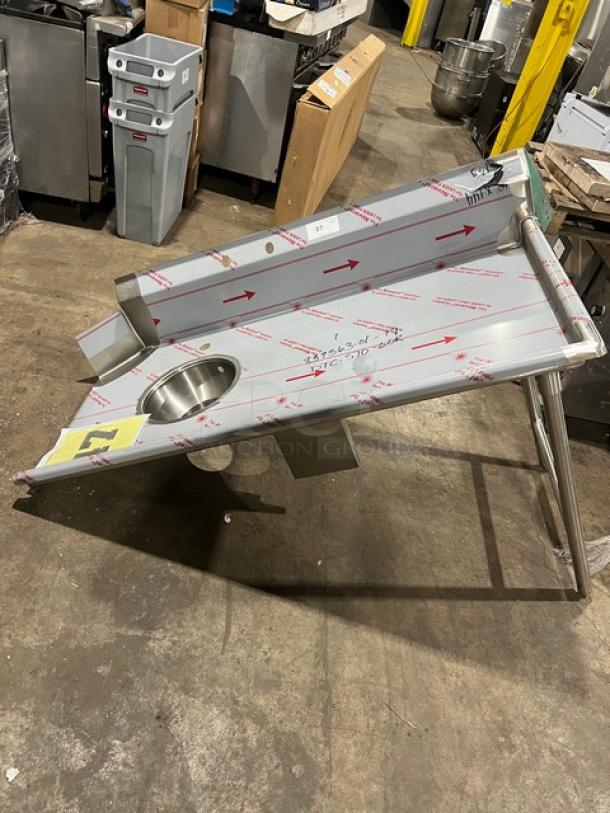 Brand new Advance Tabco stainless steel 5' dish table, model DTC-S70-60R/K-460, with 8" disposal cone and backsplash.