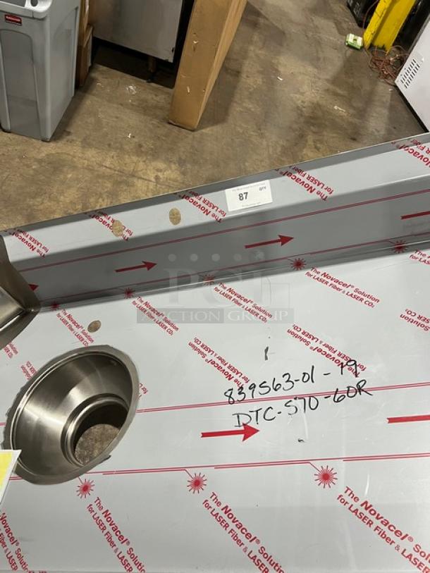 Advance Tabco stainless steel 5' dish table, brand new, model DTC-S70-60R/K-460, with 8" disposal cone, backsplash, on legs.