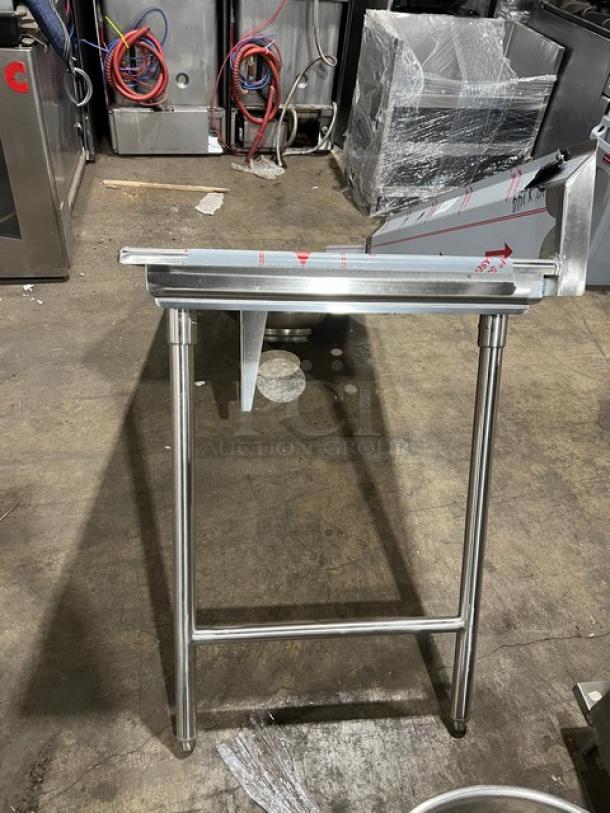 Advance Tabco 5' stainless steel dish table with disposal cone, Model DTC-S70-60R/K-460. Features backsplash, on legs.