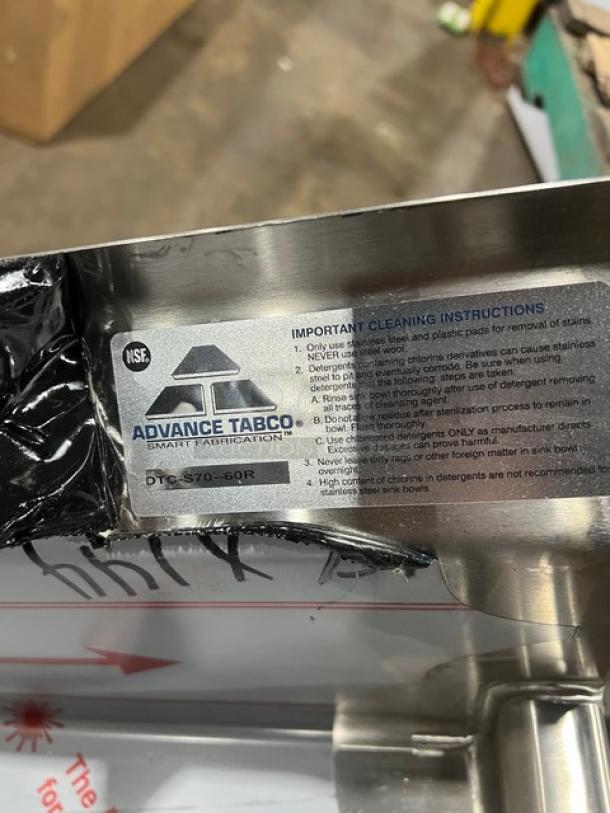 Advance Tabco Stainless Steel Dish Table, Model DTC-S70-60R, brand new with installation disposal cone and backsplash.