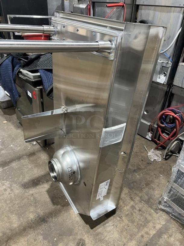 Brand new Advance Tabco stainless steel 5' dish table, model DTC-S70-60R/K-460, with 8" disposal cone, backsplash, on legs.