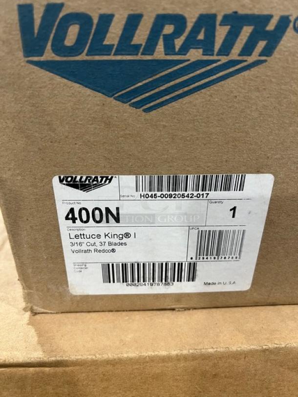 Vollrath Lettuce King Model 400N box label, indicates 3/16" cut, 37 blades, made in USA, part of Reco Series, brand new.