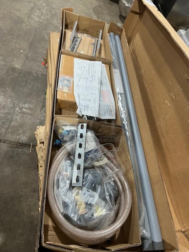 Brand new Alto-Shaam AO35372 commercial combi stack up installation kit with hoses, brackets, and instructions in original packaging.