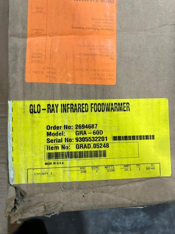 Hatco Glo-Ray GRA-60D dual infrared warmer, brand new, model GRA-60D, serial 9305532201, 208V, 1 Phase.