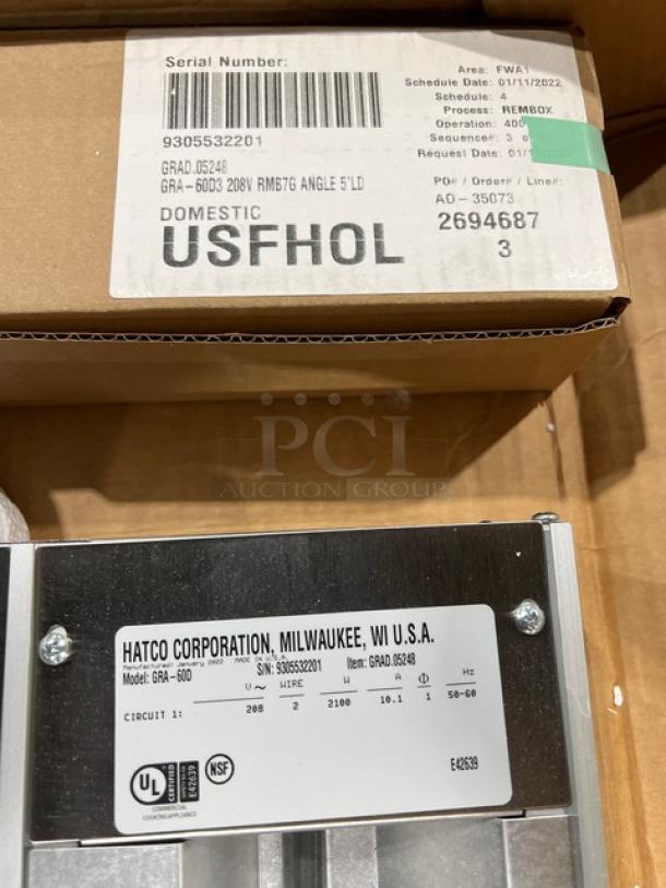 Brand new Hatco GRA-60D dual infrared warmer, 60", aluminum, 208V 1 phase. Serial number: 9305532201. NSF certified.