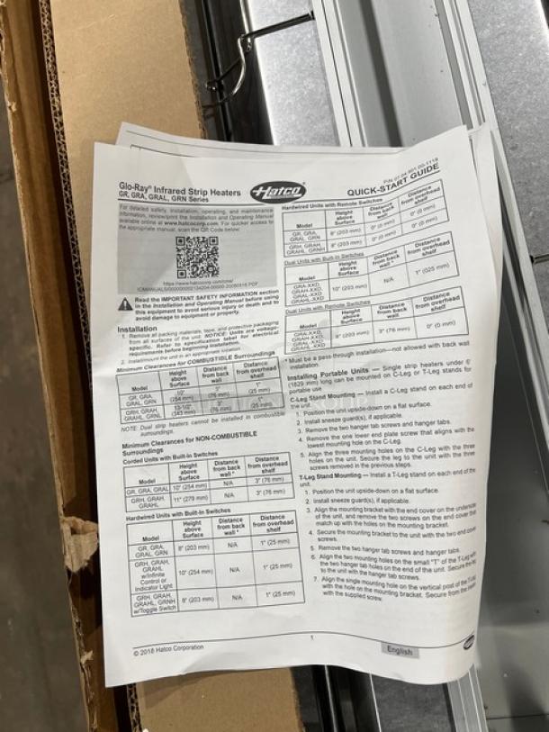 Brand new Hatco Glo-Ray GRA-60D dual infrared warmer, 60" aluminum, electric, 208V, includes manual and original packaging.