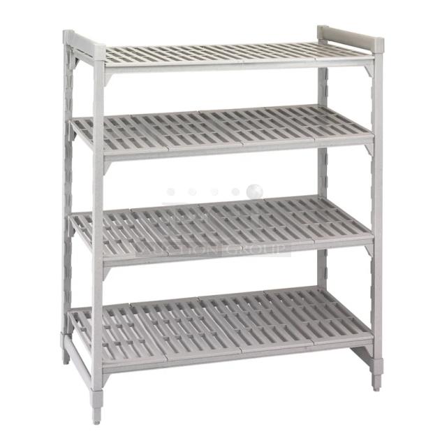 Brand new Cambro Camshelving 4-tier premium shelf in speckled gray, model CPU186072V4480, with vented shelves.