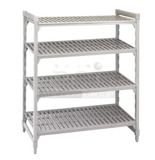 Brand new Cambro Camshelving 4-tier premium shelf in speckled gray, model CPU186072V4480, with vented shelves.