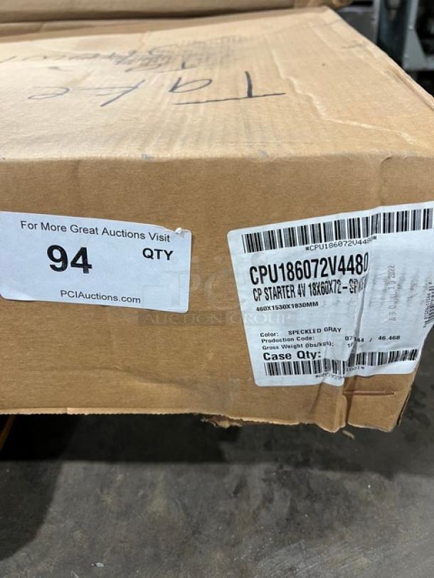 Brand new Cambro Camshelving Series, speckled gray, 4-tier premium shelf kit, model CPU186072V4480, with vented shelves.