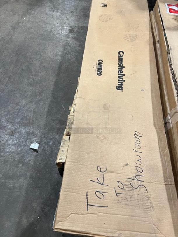 Brand new Cambro Camshelving Series 4-tier premium shelf kit in original packaging. Model: CPU186072V4480, speckled gray, vented shelves.