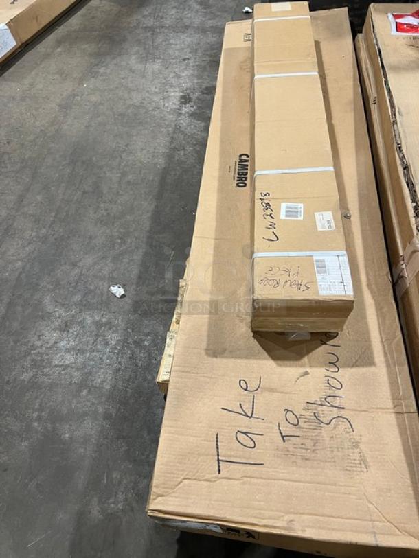 Brand new Cambro Camshelving, CPU186072V4480, speckled gray, 4-tier shelf kit with vented shelves in original packaging.