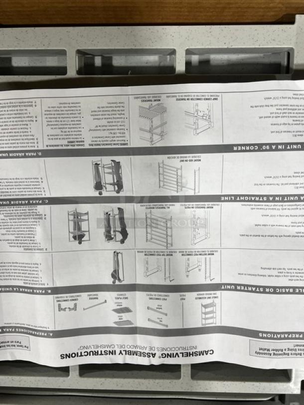 Brand new Cambro Camshelving Series 4-tier commercial shelf kit in speckled gray with vented shelves, model CPU186072V4480.