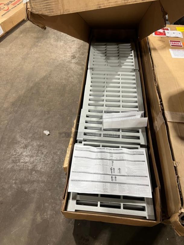 Cambro Camshelving Series 4-Tier Shelf Kit, model CPU186072V4480. New condition, speckled gray vented shelves in box.