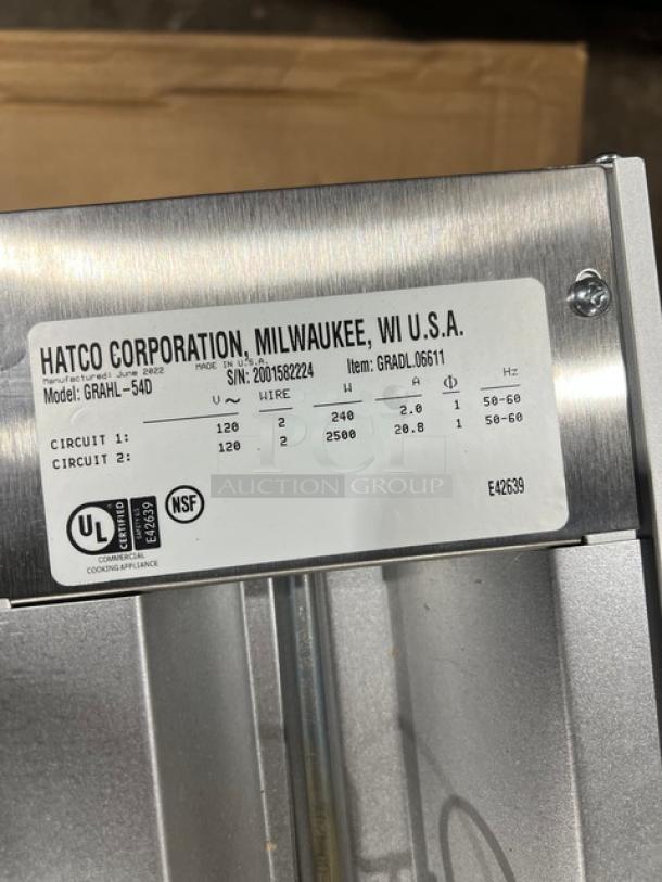 BRAND NEW Hatco Glo-Ray Series 54" Dual High Wattage Lighted Infrared Warmer, Model GRAHL-54D, with tag showing specs.