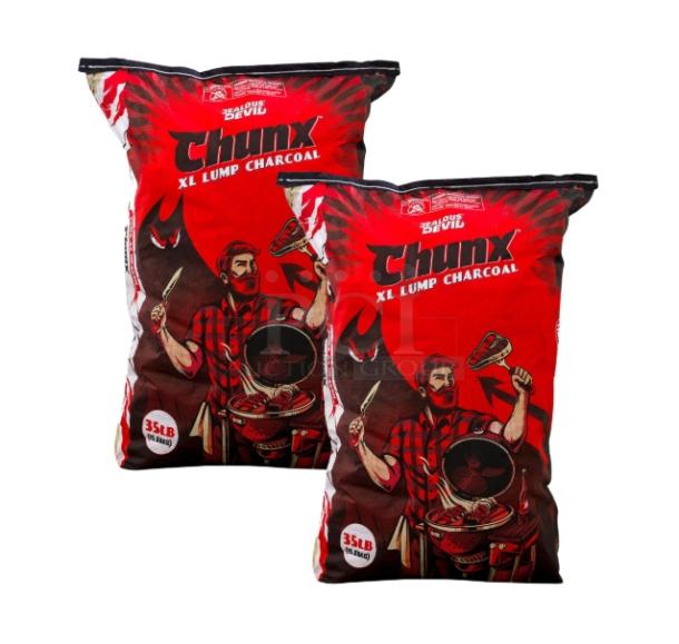 Brand new Jealous Devil 35 lb. hardwood lump charcoal, featuring eye-catching red packaging. Commercial grade. Auction lot of four.