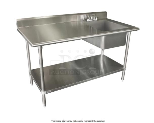 Advance Tabco stainless steel worktop table with undershelf, right-side sink, back and left-side splash, brand new condition.
