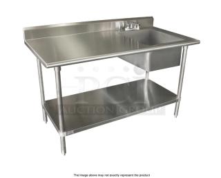 Advance Tabco stainless steel worktop table with undershelf, right-side sink, back and left-side splash, brand new condition.