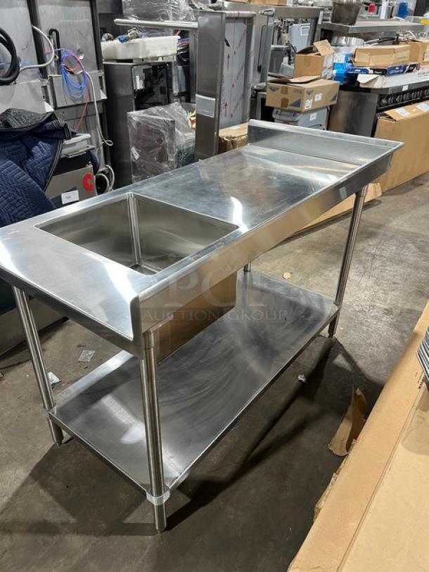 Advance Tabco stainless steel worktop table with right-side sink, undershelf, and back/left splash, brand new condition.